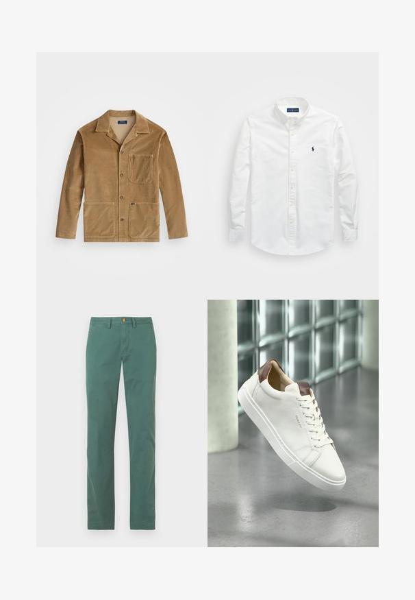 Μπεζ καμπαρντίνα από χοντρό ύφασμα με γιακά, κουμπώσει μπροστά και δύο μεγάλα τσέπες. Περιλαμβάνει μια τσέπη στο στήθος και λεπτομέρεια με λογότυπο.; Λευκό πουκάμισο με κουμπιά φτιαγμένο από βαμβάκι. Διαθέτει μυτερό γιακά, μακριά μανίκια και μικρό ναυτικό λογότυπο στο στήθος. Λείο υλικό.; Πράσινο βαμβακερό παντελόνι με ευθεία γραμμή, με κουμπιά στο μπροστινό μέρος και θηλιές για ζώνη. Ομαλή υφή χωρίς ορατά σχέδια.; Λευκό δερμάτινο αθλητικό παπούτσι με καφέ δερμάτινη τακούνι, σχέδιο με κορδόνια, καουτσούκ σόλα και ανάγλυφο λογότυπο στο πλάι. Λεπτή υφή, μινιμαλιστικό στυλ.
