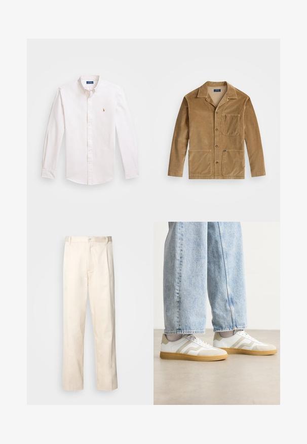 Kordūras jakas brūnā krāsā ar apkakles dizainu, priekšējo pogu aizdari un divām lielām kabatām. Ietver arī krūšu kabatu un logo detaļas.; Balts, pieguļošs, pogu kreklis ar gaiši zilām svītrām, ar nelielu izsistu logo uz krūtīm un klasisku apkakles dizainu.; Bežā krāsā auduma bikses ar taisnu kāju griezumu, pievienotām pogu aizdares un priekšējiem krokām papildu detaļām.; Baltas sporta apavi ar bežām zamšādām akcentiem un gaišiem gumijas zoliņām; iekļauj zemu topa dizainu un teksturētu detaļām augšdaļā.