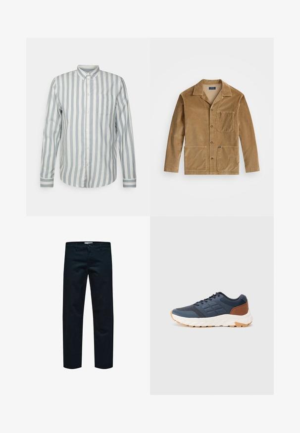 Giacca in corduroy color sabbia con colletto, chiusura anteriore con bottoni e due ampie tasche. Include una tasca sul petto e dettagli con logo.; Camicia button-up a righe blu chiaro e bianco sporco. Presenta un colletto classico, maniche lunghe e una tasca sul petto. Tessuto morbido, vestibilità rilassata.; Pantaloni in cotone neri con design a gamba dritta, dotati di una semplice chiusura con bottone e tasche standard. Tessuto liscio senza motivi visibili.; Scarpe da ginnastica blu navy con accentuazione del tacco marrone, tomaia in rete testurizzata, collo imbottito e suola in gomma bianca con battistrada a motivo.