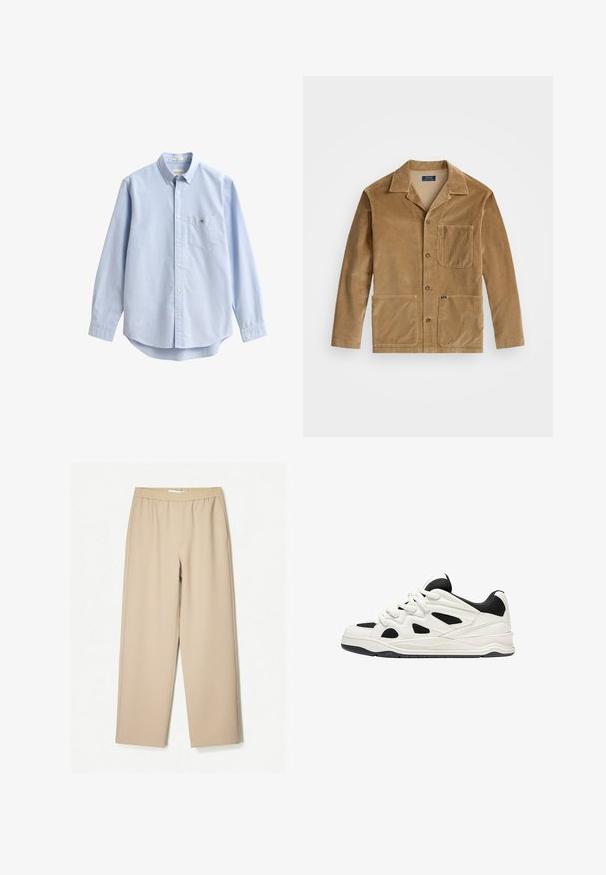 Barna kordbársony dzseki, galléros nyakkal, elöl gombos záródással és két nagy zsebbel. Tartalmaz egy mellzsebbel és logó részlettel is rendelkezik.; Világoskék, pamutból készült gombos ing. Mellkasi zseb, hosszú ujjú és klasszikus gallér jellemzi. Sima textúrájú, lekerekített szegéllyel.; Beige színű, bő szárú nadrág, gumis derékkal, puha anyagból készült, sima tapintással és minimális varrási részletekkel.; Fehér és fekete sportcipők, texturált talppal, oldalt kivágott mintákkal és fűzős megoldással, valamint párnázott hátsó résszel a támasz érdekében.