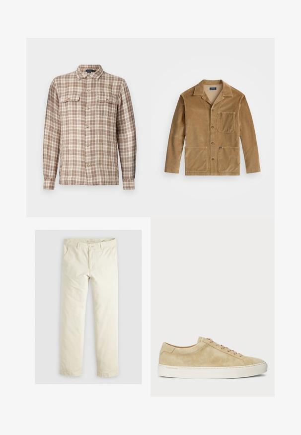 Casaco de corduroy em tom bege com gola, fecho frontal por botões e duas grandes bolsos. Inclui um bolso no peito e detalhe do logotipo.; Camisa xadrez castanho e bege com mangas longas, frente abotoada e dois bolsos no peito com botões dourados. Tecido suave e texturizado.; Calças largas em bege claro com três bolsos, passantes para cinto e design de perna reta. Feitas de um tecido macio em mistura de algodão.; Tênis de camurça bege com perfil baixo, bico redondo e atacadores bege. Apresenta uma sola de borracha branca e uma marcação subtil na lateral.