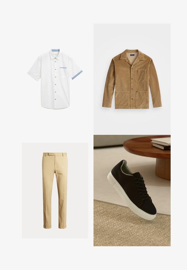 Wolljacke in Beige mit kragenförmigem Ausschnitt, frontaler Knopfverschluss und zwei großen Taschen. Beinhaltet eine Brusttasche und ein Logodetail.; Weißes Kurzarmhemd mit einem klaren Kragen, hellblauem Akzent an den Ärmelbündchen, einer Brusttasche und braunen Knöpfen entlang der Vorderseite.; Khaki-Chinos aus glattem Baumwollstoff, mit schlankem Schnitt, vorderen Falten und Knöchelbündchen für eine tapered Optik.; Schwarze Sneakers mit weißer Sohle, die über einem beige strukturierten Teppich schweben, in der Nähe eines runden Holztisches mit gestapelten Büchern.