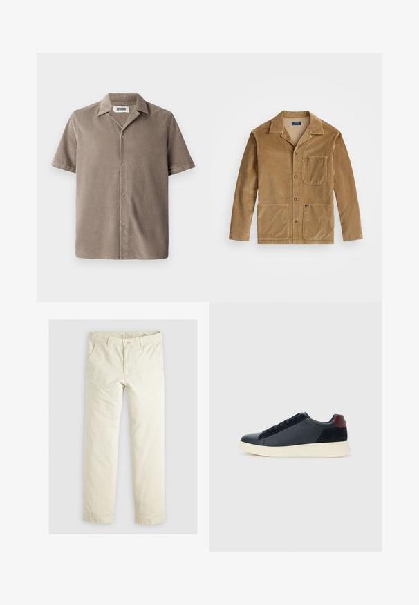 Kavbojka iz kordura v bež barvi z ovratnikom, sprednjim gumbom in dvema velikima žepoma. Vključuje tudi žep na prsih in podrobnost z logotipom.; Kratka majica s kratkimi rokavi iz svetlosmešane kordne, z izrezanim ovratnikom, zapiranjem s gumbi spredaj in sproščenim krojem s subtilno teksturo.; Svetlo bež hlače širokega kroja s tremi žepi, zankami za pas in ravnim krojem. Narejene so iz mešanice mehkega bombaža.; Nizke moške tenisice iz črnega usnja in semiša z vijoličnim petnim delom in belim gumijastim podplatom, prikazane s sprednje strani.