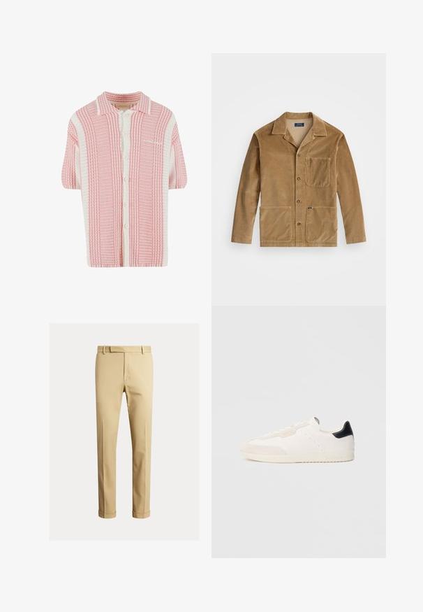 Giacca in corduroy color sabbia con colletto, chiusura anteriore con bottoni e due ampie tasche. Include una tasca sul petto e dettagli con logo.; Cardigan a maniche corte in maglina con un motivo a righe rosa e bianche, dotato di colletto e chiusura frontale con bottoni. Tessuto morbido e strutturato.; Chino kaki realizzati in morbido cotone, con un design aderente, pinces frontali e orli alla caviglia per un look affusolato.; Sneaker in pelle bianca con dettagli in camoscio, caratterizzate da una linguetta del tallone nera, chiusura con lacci, dettagli traforati e marchio discreto sul lato.