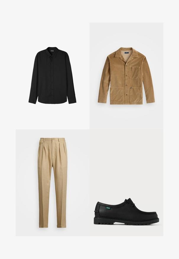 Béžová manšestrová bunda s límcem, zapínáním na tlačítka vpředu a dvěma velkými kapsami. Obsahuje také náprsní kapsu a detail s logem.; Černá košile s dlouhým rukávem vyrobená z lehkého materiálu, s špičatým límcem, zapínáním na knoflíky a volným střihem s zaobleným lemem.; Béžové lněné kalhoty rovného střihu, s dvěma předními sklady, zapínáním na knoflík a bočními kapsami. Strukturovaná tkanina s hladkým povrchem.; Černá kožená bota s nízkým profilem, kulatou špičkou a texturovanou podrážkou. Obsahuje zelenou etiketu "POLO" a kontrastní prošívání podél okraje.