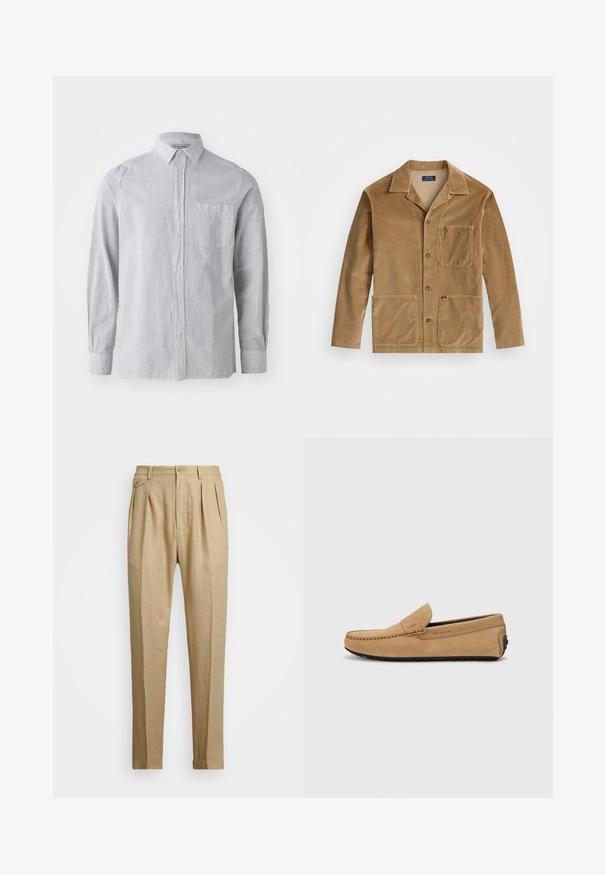 Giacca in corduroy color sabbia con colletto, chiusura anteriore con bottoni e due ampie tasche. Include una tasca sul petto e dettagli con logo.; Camicia a righe grigio chiaro e bianca, in tessuto di cotone, maniche lunghe, una tasca sul petto, colletto classico, orlo dritto.; Pantaloni in lino beige con taglio dritto, dotati di due pince anteriori, chiusura con bottone e tasche laterali. Tessuto testurizzato con una finitura liscia.; Mocassino in suede beige con punta cucita, design slip-on e suola in gomma nera. Presenta un marchio discreto sul lato.