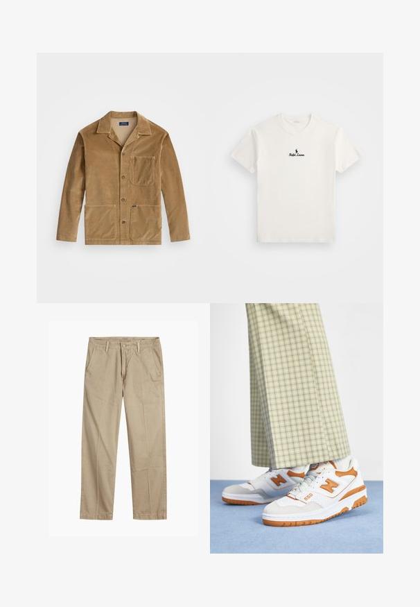 Casaco de corduroy em tom bege com gola, fecho frontal por botões e duas grandes bolsos. Inclui um bolso no peito e detalhe do logotipo.; T-shirt de algodão branco com um logo bordado preto de um jogador de polo e o texto "Ralph Lauren" no peito. Mangas curtas, gola redonda.; Chinos bege de perna reta com passantes para cinto, fecho frontal com botão e fecho de correr, e bolsos frontais inclinados.; Tênis brancos com detalhes em laranja, apresentando um lado perfurado, colarinho acolchoado e sola de borracha texturizada, combinados com calças claras de padrão xadrez.