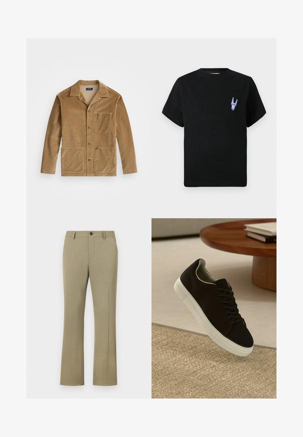 Casaco de corduroy em tom bege com gola, fecho frontal por botões e duas grandes bolsos. Inclui um bolso no peito e detalhe do logotipo.; T-shirt de algodão preto com mangas curtas, apresentando um pequeno detalhe gráfico roxo na área esquerda do peito. Design simples e rectangular.; Calças castanhas claras, de boca larga, com uma textura lisa e tecido. Apresentam um fecho de botão, fecho com zíper, bolsos laterais e um corte ajustado.; Sneaker preto com sola branca flutuando acima de um tapete texturizado bege, perto de uma mesa redonda de madeira com livros empilhados.