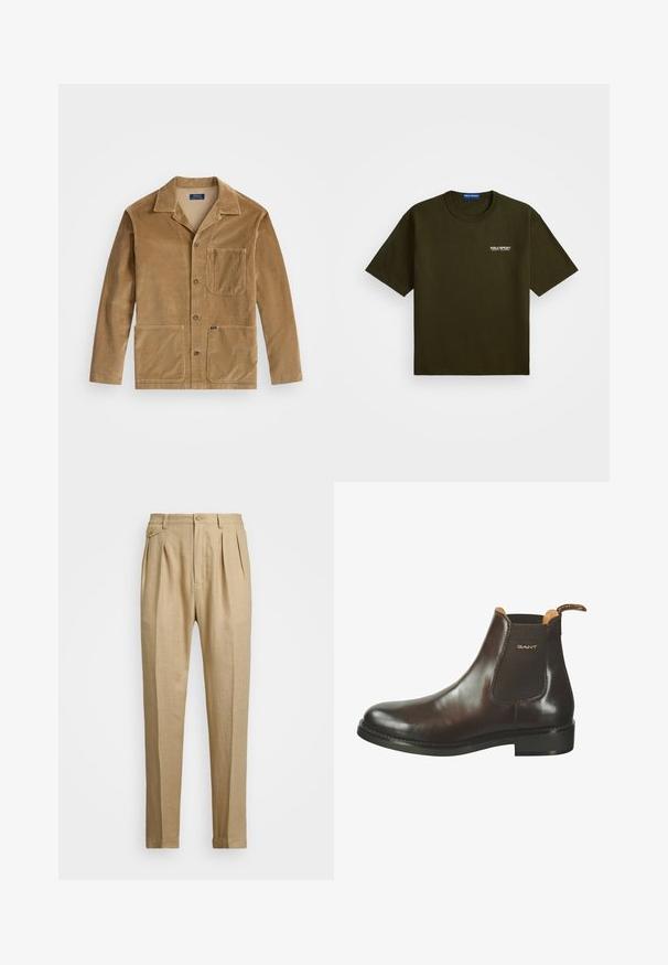 Kordfløyelsjakke i tan med kragehals, front lukking med knapper og to store lommer. Inkluderer en brystlomme og logodetaljer.; Mørkeolivgrønn kortermet t-skjorte med rund hals og liten hvit "Polo Sport Ralph Lauren"-logo på venstre bryst.; Beige linbukser med rett snitt, med to frontfold, knappeåpning og sidelommer. Teksturt stoff med en glatt finish.; Brune lær Chelsea støvel med glat finish, elastiske sidepaneler og en lille trækflik ved hælen. Har en holdbar gummisål.