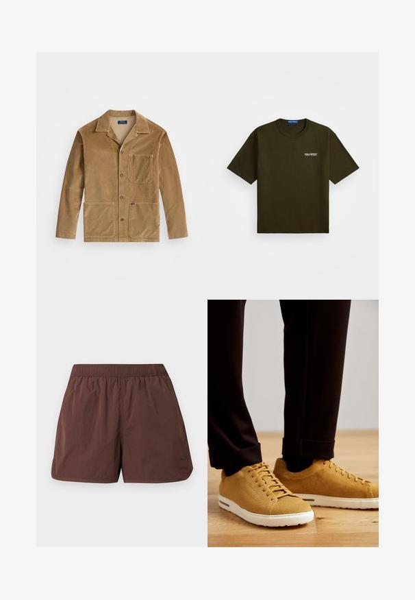 Chaqueta de pana en color marrón claro con cuello a rayas, cierre frontal de botones y dos grandes bolsillos. Incluye un bolsillo en el pecho y detalle de logo.; Camiseta de manga corta verde oliva oscuro con cuello redondo y pequeño logo blanco de "Polo Sport Ralph Lauren" en el lado izquierdo del pecho.; Pantalones cortos marrones ligeros con cintura elástica y bolsillos laterales. Presentan una textura suave y ligeramente arrugada. Sin patrones ni detalles visibles.; Zapatillas amarillas de canalé con suelas blancas, con punta redonda, diseño con cordones y superficie texturizada, combinadas con pantalones negros ajustados en los tobillos sobre un suelo de madera.