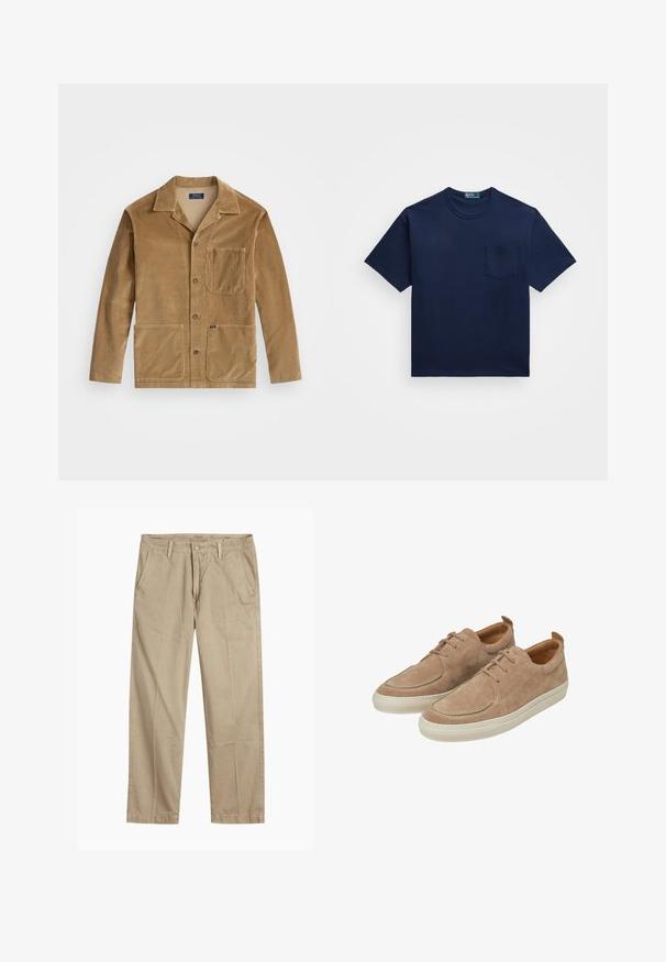 Béžová manšestrová bunda s límcem, zapínáním na tlačítka vpředu a dvěma velkými kapsami. Obsahuje také náprsní kapsu a detail s logem.; Námořnická modrá bavlněná tričko s kulatým výstřihem, krátkými rukávy a kapsou na levé straně hrudi. Hladký povrch a klasický střih.; Beige rovné chino kalhoty s poutky na opasek, zapínáním na přední knoflík a zip, a šikmými předními kapsami.; Semišové tenisky v světle béžové barvě s hladkým povrchem, kulatou špičkou, šněrovacím designem a kontrastní krémovou gumovou podrážkou.