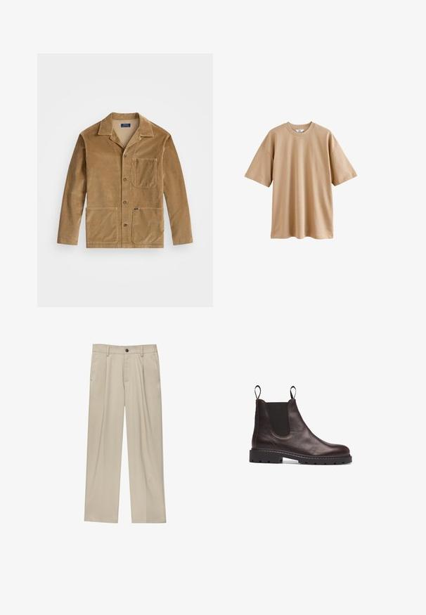 Kordura jakna u boji bež s ovratnikom, prednjim dugim zatvaranjem i dva velika džepa. Uključuje džep na prsima i detalj s logotipom.; Pamučna bež majica kratkih rukava s okruglim izrezom i ležernim krojem, koja ima glatku teksturu i bez uzoraka ili naglasaka.; Bež hlače ravnog kroja s jednim crnim gumbom, petljama za remen i bočnim džepovima. Glatka tekstura tkanine i minimalistički dizajn.; Smeđe kožne Chelsea čizme s elastičnim bočnim panelima, teksturiranom površinom i čvrstim crnim gumenim đonom s usjecima za bolji zahvat.