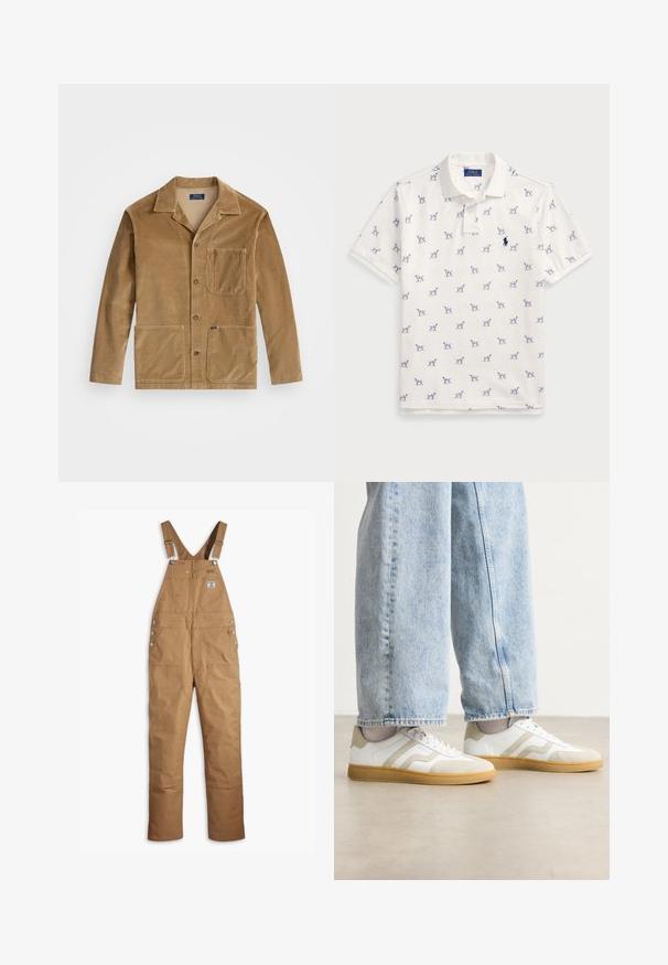 Kordjacka i beige med krage, framknappning och två stora fickor. Inkluderar en bröstficka och logotydlighet.; Vit polotröja i bomull med ett upprepat blått hundmönster och en liten blå logotyp på bröstet. Korta ärmar och krage.; Levi's® Workwear BIB OVERALL - Jeanssnickarbyxor - ermine; Vita sneakers med beige mockadetaljer och ljusa gummisålar; har en låg design och texturerad detalj på ovansidan.