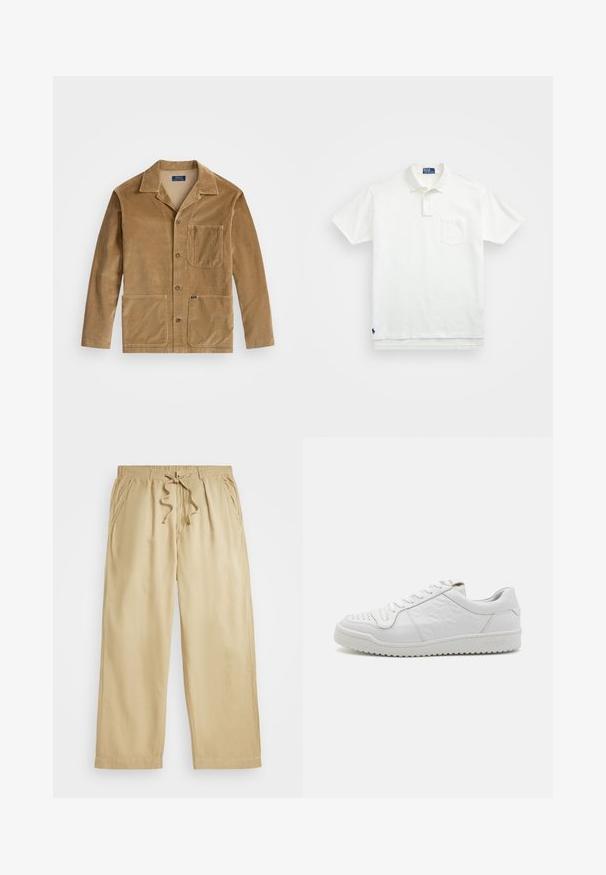 Kamelitooni kootud jope, millel on kaelus, esi-nuppude sulgemine ja kaks suurtTaskut. Sisaldab rinna taskut ja logo detaili.; Valge polo särk, mis on valmistatud puuvillast, klassikalise kraega, kolme nööbiga kinnitusega ja vasakul rinnal taskuga; väike logo helmel.; Beezid joontega püksid elastse vöökohtaga, laiad sääred, kaks küljetaskut ja õmmeldud äärekesega. Pehme, kergesti hingav materjal.; Valged nahast tossud tekstureeritud külgpaneeliga ja augulisest varbast, lameed nööbid ja kõrgendatud kummitald. Brändi nimi "SANDRO" on reljeefselt tallas.