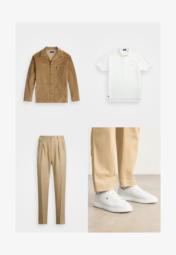 Kordūras jakas brūnā krāsā ar apkakles dizainu, priekšējo pogu aizdari un divām lielām kabatām. Ietver arī krūšu kabatu un logo detaļas.; Balta polo krekls, izgatavots no kokvilnas, ar klasisku apkakli, trīs pogu aizdari un kreisajā krūtī kabatu; neliels logo apakšmalā.; Bēšas lina bikses ar taisnu griezumu, ar divām priekšējām krokām, pogu aizdari un sānu kabatām. Strukturēta auduma virsma ar gludu apdari.; Baltas ādas sporta apavi ar gludu virsmu, apaļo purngalu, auklīnēm un smalku logotipa detaļu sānos, kombinēti ar bēšām biksēm.