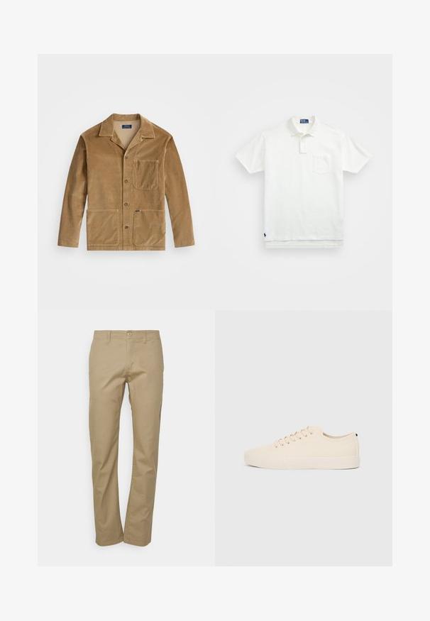 Kavbojka iz kordura v bež barvi z ovratnikom, sprednjim gumbom in dvema velikima žepoma. Vključuje tudi žep na prsih in podrobnost z logotipom.; Bela polo majica iz bombaža, z klasičnim ovratnikom, trojnim gumbom in žepom na levi strani prsnega predela; majhna blagovna znamka na robu.; Bež chinos hlače s ravnim krojem, z gumbom za zapiranje, z loops za pas in gladko teksturo bombaža.; Bež platneni športni copati z okroglo konico, ravnim gumijastim podplatom in vezalkami spredaj. Imajo minimalističen dizajn in kontrastni črn akcent na peti.