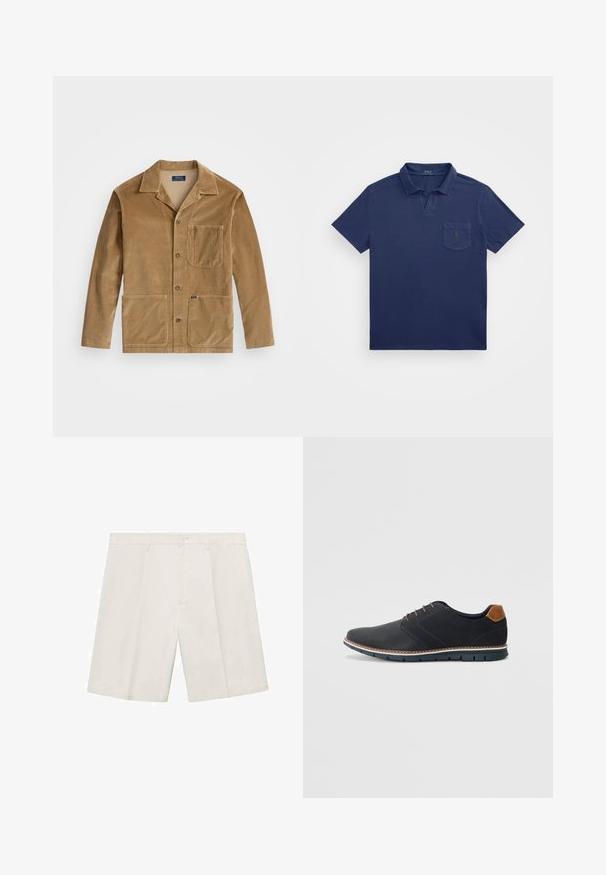 Väskjacka i tan med krage, framknäppning och två stora fickor. Inkluderar en bröstficka och logotypdetalj.; Tummansininen polo-paita, jossa on lyhyt kaulus, rintatasku ja brodeerattu logo. Valmistettu pehmeästä, teksturoidusta kankaasta.; Kerman lyhythihaiset shortsit, valmistettu kevyestä kankaasta. Varustettu napilla sulkevalla kiinnityksellä, kahdella etutaskulla ja suoran lahkeen designilla. Sileä rakenne.; Mustat synteettiset kengät, joissa on teksturoitu päällinen, sileät yksityiskohdat, ruskea kanta ja erottuva pohja. Ominaisuuksina minimaalinen nauhoitus ja ompeluyksityiskohdat.