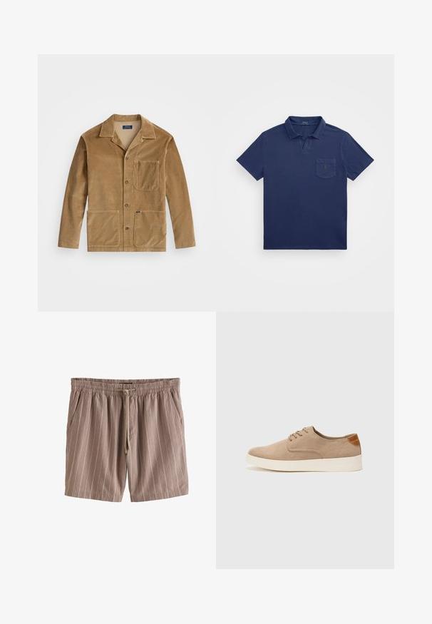 Béžová manšestrová bunda s límcem, zapínáním na tlačítka vpředu a dvěma velkými kapsami. Obsahuje také náprsní kapsu a detail s logem.; Námořnické modré polo tričko s krátkým límcem, kapsou na prsou a vyšitým logem. Vyrobeno z jemné, texturované látky.; Hnědé pruhované šortky vyrobené z lehké tkaniny, s elastickým pasem, stahovací šňůrkou a bočními kapsami.; Béžové semišové tenisky s kulatou špičkou, šněrováním vpředu a texturovaným zadním akcentem. Bílá gumová podrážka poskytuje kontrast. Jednoduchý a moderní design.
