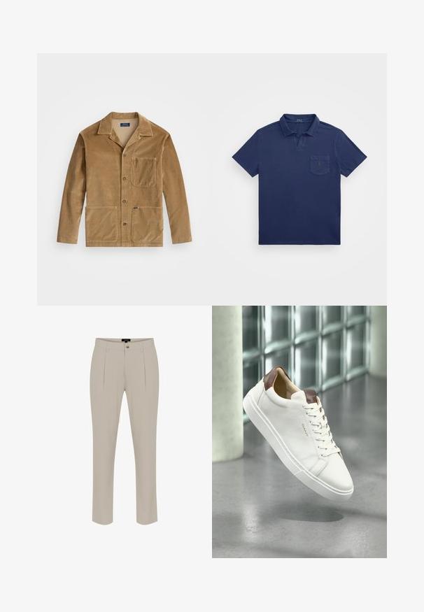 Kordūras jakas brūnā krāsā ar apkakles dizainu, priekšējo pogu aizdari un divām lielām kabatām. Ietver arī krūšu kabatu un logo detaļas.; Tums zils polo krekls ar īsu apkakli, krūšu kabatu un izšuvumu. Izgatavots no mīkstas, teksturētas auduma.; Beige bikses no gludas auduma, ar priekšējām krokām, sānu kabatām un pogu aizdari jostasvietā. Piegriezums ar šuvēm.; Baltās ādas sporta kurpes ar brūnu ādas papēža elementu, šņorējama dizaina, gumijas zole un iegravēts logo sānos. Gluda faktūra, minimālisma stils.