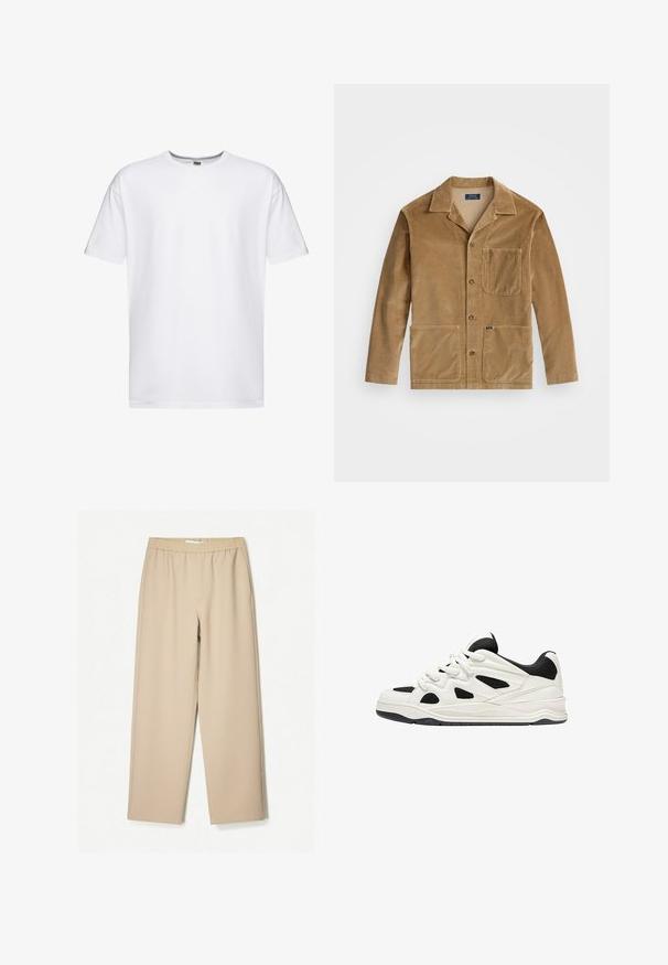 Wolljacke in Beige mit kragenförmigem Ausschnitt, frontaler Knopfverschluss und zwei großen Taschen. Beinhaltet eine Brusttasche und ein Logodetail.; Weiße Baumwoll-T-Shirt mit kurzen Ärmeln, Rundhalsausschnitt und lockerer Passform. Keine Muster oder Logos, glatte Textur und standardmäßige Länge.; Beige Weite-Hose mit einem elastischen Bund, aus weichem Stoff gefertigt, mit glatter Textur und minimalen Nähten.; Weiß-schwarze Sportschuhe mit einer strukturierten Sohle, die auf der Seite ausgeschnittene Designs und Schnürsenkel aufweisen, sowie eine gepolsterte Ferse für Unterstützung.