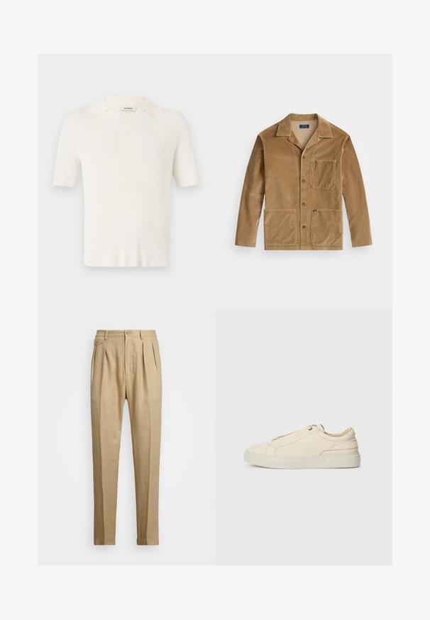 Béžová manšestrová bunda s límcem, zapínáním na tlačítka vpředu a dvěma velkými kapsami. Obsahuje také náprsní kapsu a detail s logem.; Krátký rukáv, pulovr ve tvaru V z krémové barvy, s ribkovanou texturou, měkkým límečkem a přiléhavým střihem.; Béžové lněné kalhoty rovného střihu, s dvěma předními sklady, zapínáním na knoflík a bočními kapsami. Strukturovaná tkanina s hladkým povrchem.; Krémové kožené tenisky s kulatou špičkou, minimalistickým designem, jemnými švy a texturovaným svrškem, na světlé podrážce.