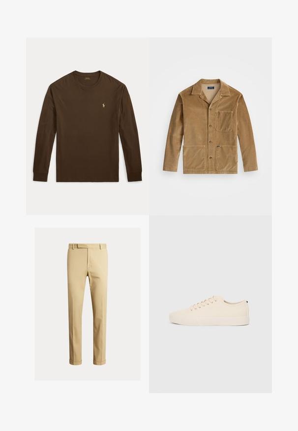 Béžová manšestrová bunda s límcem, zapínáním na tlačítka vpředu a dvěma velkými kapsami. Obsahuje také náprsní kapsu a detail s logem.; Hnědé tričko s dlouhým rukávem z bavlny. Má kulatý výstřih a malý zlatý logo na levé straně hrudi. Hladká textura.; Khaki chinos vyrobené z hladké bavlněné tkaniny, s přiléhavým střihem, předními puky a náplety na kotnících pro zúžený vzhled.; Béžové plátěné tenisky s kulatou špičkou, plochou gumovou podrážkou a šněrováním vpředu. Mají minimalisticý design a kontrastní černý akcent na patě.