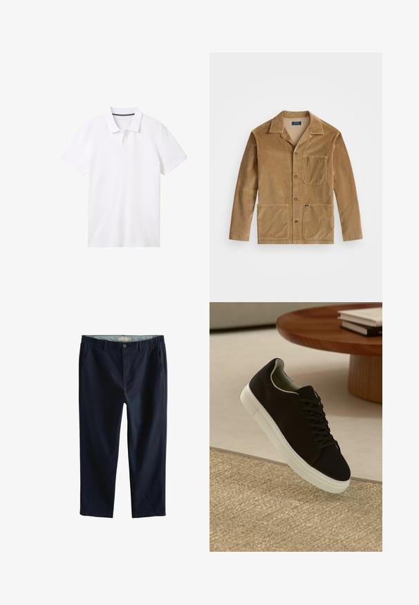 Barna kordbársony dzseki, galléros nyakkal, elöl gombos záródással és két nagy zsebbel. Tartalmaz egy mellzsebbel és logó részlettel is rendelkezik.; TOM TAILOR BASIC - Pólóing - white; Sötétkék, laza nadrág elasztikus derékpánttal, elülső zsebekkel és sima textúrával. A derékpánt mellett egy kis logó címke található.; Fekete sneakers fehér talppal lebeg egy bézs textúrájú szőnyeg felett, egy kerek fából készült asztal közelében, rajta egymásra pakolt könyvekkel.