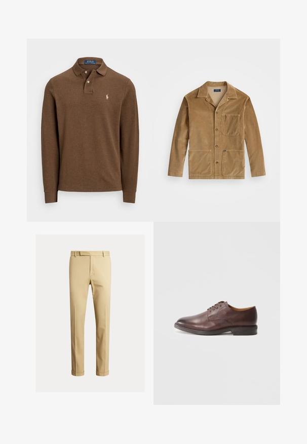Casaco de corduroy em tom bege com gola, fecho frontal por botões e duas grandes bolsos. Inclui um bolso no peito e detalhe do logotipo.; Camisa polo de manga longa castanha em tecido suave, com colarinho pontiagudo, placket de duas casas de botão e logotipo bordado no lado esquerdo do peito.; Chinos caqui feitos de um tecido de algodão suave, com um design ajustado, pregas frontais e punhos no tornozelo para um visual afinado.; Sapato formal masculino de couro castanho com atacadores, acabamento liso e salto empilhado sobre fundo branco.