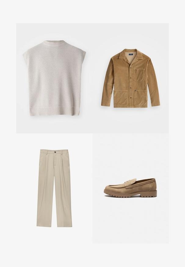 Corduroy jacket in tan with a collared neckline, front button closure, and two large pockets. Includes a chest pocket and logo detail.; Light beige knitted sleeveless top with a ribbed hem and round neck. Features a textured pattern and a loose-fitting design.; Beige trousers with a straight cut, featuring a single black button, belt loops, and side pockets. Smooth fabric texture and minimal design.; Tan suede loafers with a rounded toe, flat rubber sole, and decorative stitching on the upper. Features a slip-on design with no lace.