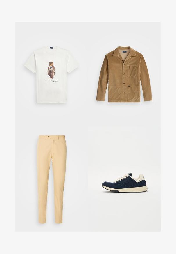 Kordfløyelsjakke i tan med kragehals, front lukking med knapper og to store lommer. Inkluderer en brystlomme og logodetaljer.; Hvit t-skjorte med korte ermer med et grafisk motiv av en bjørn kledd i vintage klær og teksten "POLO BEAR by RALPH LAUREN" under.; Beige bukser laget av bomull med rett snitt, med knappestolper, belteslynger og sidelommer. Glatt tekstur, uten mønster.; Marineblå joggesko med teksturert semsket skinn-overdel, kremfargede snøringer og beige mellomsåle. Har et klassisk atletisk design og gummisåle.