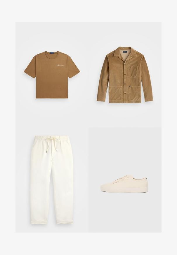 Hnedá kordurová bunda s golierom, predným zapínaním na gombíky a dvoma veľkými vreckami. Obsahuje aj náprsné vrecko a detail loga.; Polo Ralph Lauren RELAXED FIT LOGO JERSEY T-SHIRT - Základné tričko - rustic tan; Svetlo krémové, voľné nohavice vyrobené z mäkkého materiálu. Majú elastický pás s šnúrkou a zúžený strih nohavíc.; Bežové plátnené tenisky s okrúhlou špičkou, plochou gumovou podrážkou a šnurovaním. Majú minimalistický dizajn a kontrastný čierny akcent na päte.