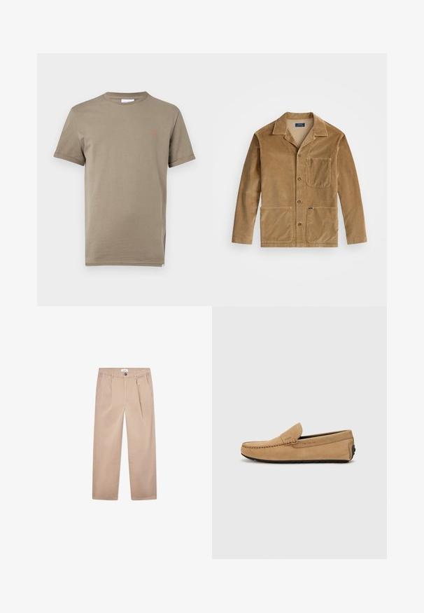 Chaqueta de pana en color marrón claro con cuello a rayas, cierre frontal de botones y dos grandes bolsillos. Incluye un bolsillo en el pecho y detalle de logo.; Camiseta de algodón en color caqui, de manga corta y cuello redondo. Presenta un logo bordado en naranja en el lado izquierdo del pecho y mangas enrolladas.; Pantalones caqui de algodón con un diseño de pierna recta, que cuentan con dos bolsillos delanteros, un cierre de botón y un corte clásico.; Mocasín de ante beige con puntera cosida, diseño sin cordones y suela de goma negra. Presenta un sutil logotipo en el lateral.