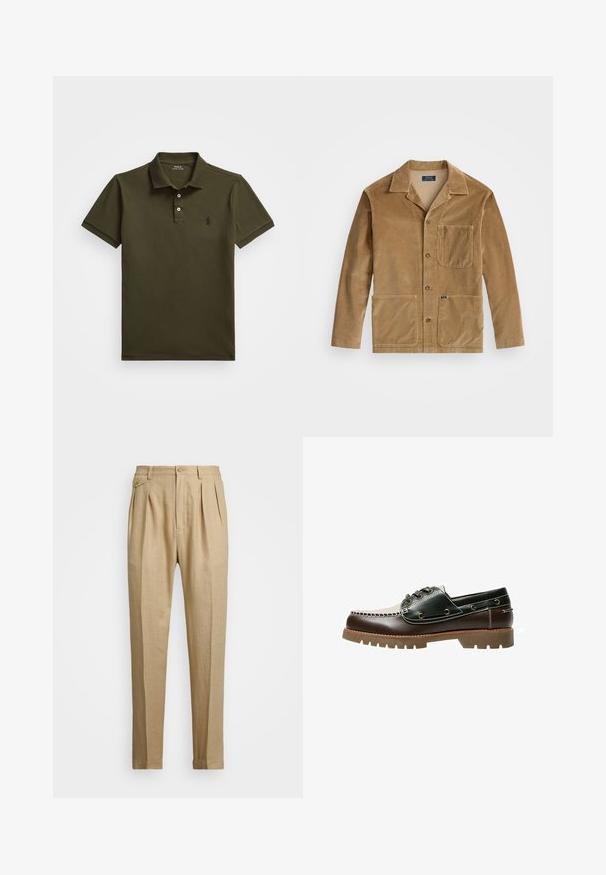 Kavbojka iz kordura v bež barvi z ovratnikom, sprednjim gumbom in dvema velikima žepoma. Vključuje tudi žep na prsih in podrobnost z logotipom.; Temna zelena polo majica s kratkimi rokavi, ovratnikom, dvema gumboma in majhnim vezenim logotipom na levi prsni strani.; Beige lanene hlače s ravnim krojem, ki imajo dva sprednja pregiba, gumbasto zapiranje in stranske žepi. Teksturna tkanina z gladkim zaključkom.; Rjave in zelene usnjene čolnarske čevlje s belim šivom, okroglicami in teksturirano gumijasto podplatko. Trajna izdelava z kovinskimi očesi.