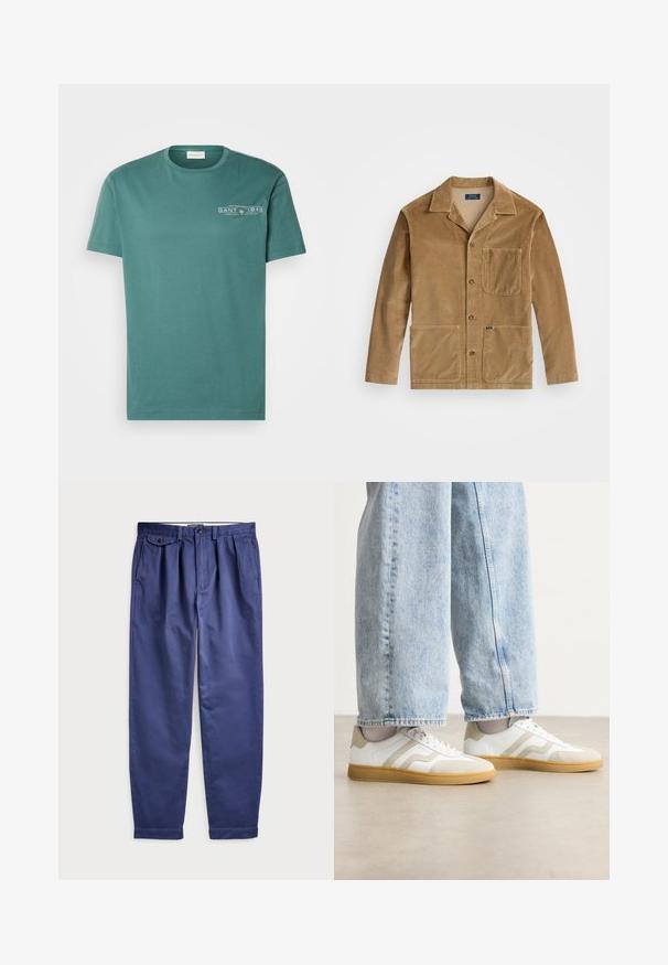 Kordūras jakas brūnā krāsā ar apkakles dizainu, priekšējo pogu aizdari un divām lielām kabatām. Ietver arī krūšu kabatu un logo detaļas.; Tirkīza kokvilnas t-krekls ar apaļu kakla izgriezumu, īsām piedurknēm un priekšpuses logo "GANT 1949" baltā krāsā. Gluda tekstūra, ikdienišķs dizains.; Navy krāsas kokvilnas bikses ar brīvu piegriezumu, ar krokām priekšpusē, divām sānu kabatām un pogu aizdari jostasvietā.; Baltas sporta apavi ar bežām zamšādām akcentiem un gaišiem gumijas zoliņām; iekļauj zemu topa dizainu un teksturētu detaļām augšdaļā.