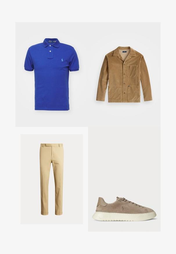 Kordfløyelsjakke i tan med kragehals, front lukking med knapper og to store lommer. Inkluderer en brystlomme og logodetaljer.; Polo Ralph Lauren SLIM FIT POLO SHIRT - Poloskjorter - blue; Kaki chinos laget av glatt bomullsstoff, med en tettsittende design, frontplisseringer og mansjetter ved ankelen for en smalere look.; Suedepumps i taupe med hvit gummisåle. Funksjoner inkluderer snøring foran og en logo preget på siden og hælen.