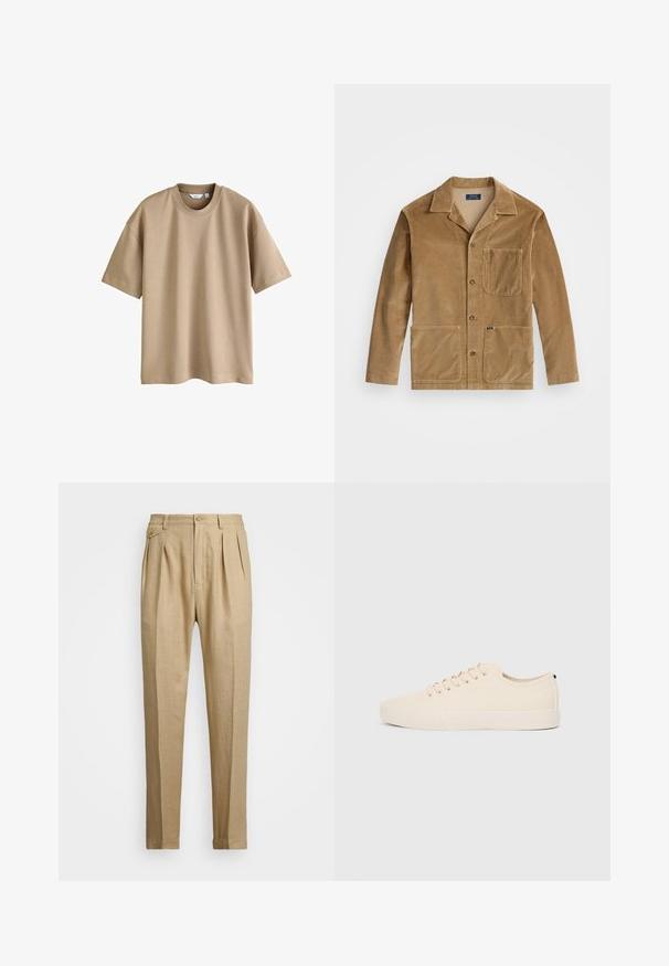 Varinės spalvos kordūroji striukė su apykakle, priekyje užsegama mygtukais ir dviem didelėmis kišenėmis. Taip pat turi krūtinės kišenę ir logotipo detalę.; Šviesiai rudas trumpomis rankovėmis marškinėliai, pagaminti iš minkštos medžiagos, su apvaliu kaklu ir laisvu siluetu, be matomų raštų ar akcentų.; Bežinės lininės kelnės tiesaus kirpimo, turinčios dvi priekinės klostes, sagų užsegimą ir šonines kišenes. Tekstūruotas audinys su lygiu paviršiumi.; Šviesiai rudos drobės sportbačiai su apvalia nosimi, plokščiu guminiu padu ir raišteliais priekyje. Pasižymi minimalizmu ir juodu akcentu kulne.