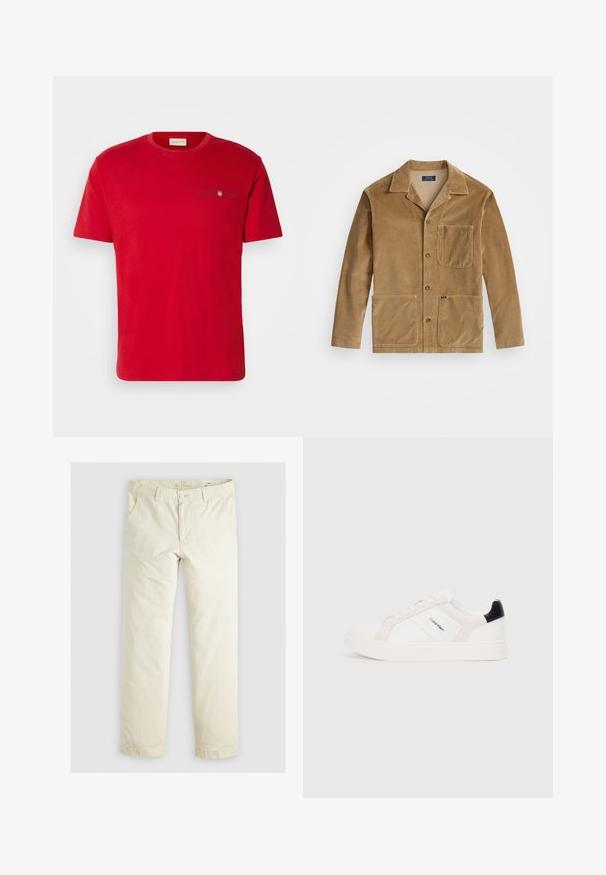 Brązowa kurtka z kordurowego materiału z kołnierzykiem, zapinana na guziki z przodu oraz dwoma dużymi kieszeniami. Posiada kieszeń na piersi oraz detal z logo.; Czerwona bawełniana koszulka z krótkim rękawem, okrągłym dekoltem i małym granatowym logo na piersi. Gładka struktura, swobodny krój.; Jasno beżowe luźne spodnie z trzema kieszeniami, paskami na pasek oraz prostym krojem nogawki. Wykonane z miękkiej mieszanki bawełny.; Białe sneakersy z jasnoróżowymi i czarnymi akcentami, z gładkiej skóry i paneli z zamszu, okrągłym noskiem i płaską gumową podeszwą.