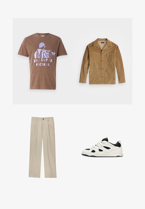 Jachetă dinterț cord cu nuanță de bej, cu guler, închidere frontală cu nasturi și două buzunare mari. Include un buzunar pe piept și detalii cu logo.; Tricou din bumbac maro cu mâneci scurte, având un grafic alb cu un muzician care cântă la trompetă și textul "KID SUPER RECORDS."; Pantaloni bej cu croi drept, dotati cu un singur nasture negru, bucle pentru centură și buzunare laterale. Textură de țesătură netedă și design minimal.; Adidași albi și negri cu o talpă texturată, având desene decupate pe laterale și șireturi, și un călcâi căptușit pentru susținere.