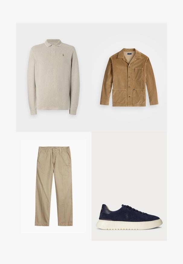 Casaco de corduroy em tom bege com gola, fecho frontal por botões e duas grandes bolsos. Inclui um bolso no peito e detalhe do logotipo.; Polo de manga longa bege feito de algodão suave, com um logo bordado no peito e detalhes de contraste na gola e nos punhos.; Chinos bege de perna reta com passantes para cinto, fecho frontal com botão e fecho de correr, e bolsos frontais inclinados.; Sapatilha baixa em camurça azul-marinho com uma superfície texturizada, sola de borracha e atacadores tonais, apresentando um pequeno logótipo de lado e no calcanhar.