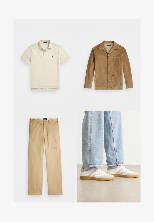 Brązowa kurtka z kordurowego materiału z kołnierzykiem, zapinana na guziki z przodu oraz dwoma dużymi kieszeniami. Posiada kieszeń na piersi oraz detal z logo.; Jasno beżowa koszulka polo z miękkiego materiału, z klasycznym kołnierzykiem, krótkimi rękawami i małym logo na lewej piersi.; Beżowe bawełniane spodnie o prostym kroju. Posiadają przetarcia i haftowane detale z przodu. Klasyczne zapięcie na guzik i zamek.; Białe sneakersy z beżowymi zamszowymi akcentami i jasnymi gumowymi podeszwami; charakteryzują się niskim krojem i teksturowanymi detalami na cholewce.