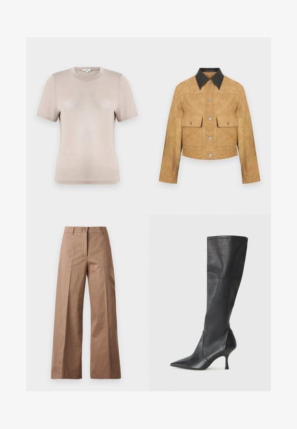 Smėlio spalvos odinė trumpa striukė su juodu apykakle, turinti dvi priekinės kišenes ir snapsų uždarymą. Lygi tekstūra su matiniu paviršiumi.; Šviesiai ruda trumpomis rankovėmis marškinėliai, pagaminti iš minkštos medžiagos. Turintys apvalią iškirptę ir paprastą dizainą, su lygiu paviršiumi ir be matomų raštų.; Rudos plačios kojų kelnės, pagamintos iš lygios medžiagos, su priekiniais mygtukais, dviem priekinėmis kišenėmis ir švariomis, pritaikytomis linijomis.; Juodų odinių batų iki kelių su smailiu pirštu ir plonu stiletto kulnu. Lygus paviršius, pritaikytas dizainas ir siuvimas viršutiniame krašte.