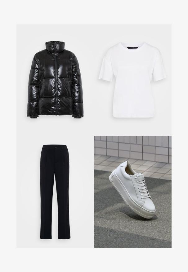 Must have läikivast materjalist must puffer jakk, millel on kõrge krae, tõmblukk ning tikitud muster koos suurte polsterdatud osadega.; Valge lühikeste varrukatega T-särk, mis on valmistatud puuvillast. Sellel on ümmargune kaelus ja lõdvestatud istuvus, lihtne disain ning ilma nähtavate mustrite või aktsentideta.; Mustad püksid sirge lõikega, millel on esiplekked ja nööpkinnitus, valmistatud siledast kangast. Puhtad jooned kogu ulatuses.; Valge nahast toss, millel on madala sääre disain, lamedad paelad, ümar varvas ja tekstureeritud küljed. Paks kummist tald, millel on peened aktsendid.