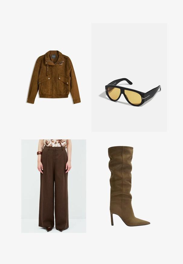 Brun ruskinds bomberjakke med sølvfarvede trykknapper, to frontlommer med klap, lynlås-lukning og en spænde på kraven.; Brun og creme plaid flannel skjorte med krave, lange ærmer, to brystlommer og knaplukning. Har et mærke på lommen.; Brun bodysuit med justerbare spaghetti-stropper og blonderkant ved en dyb V-udskæring. Glat tekstur, tætsiddende design og højt skårne ben.; Brune, vide bukser med tekstureret overflade og frontfolder. High-waisted design parret med spidse sko.; Olivengrøn suedestøvle til knæhøjde med spids tå, afslappet overdel og stilettostøttestykke, der har synlige syninger.; Sorte solbriller med en geometrisk ramme, gule linser og gyldne detaljer på stængerne. Glat tekstur, bred form, moderne design.