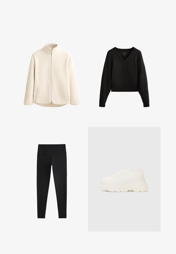 Tejanyagú, krémszínű fleece dzseki magas gallérral, teljes hosszúságú cipzárral és két oldalzsebel. Puha tapintású, textúrált külső felülettel.; Fekete, V-nyakú, rövidített pulóver, hosszú ujjal és bordázott mandzsettával. Puha, sima anyagból készült, minimalista dizájnnal.; Fekete leggings rugalmas anyagból, magas derekú kialakítással és sima textúrával, a kényelem és rugalmasság érdekében tervezve.; Fehér vászon sportcipő vastag talppal, lekerekített orral és öt fűzőlyukkal. Hátulján egy fül a könnyű felvétel érdekében. Simára kidolgozott textúra, minimális dizájn.