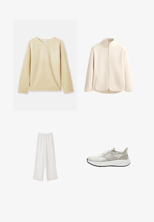Fleecová bunda v krémové barvě s vysokým límcem, plným zipem a dvěma bočními kapsami. Měkká textura s texturovaným vnějším povrchem.; Beige chlupatá mikina s dlouhými rukávy, kulatým výstřihem a jemnou texturou. Má volný střih a nenápadnou značkovou nášivku na vnitřním límci.; Bílé široké kalhoty vyrobené z lehké tkaniny. Mají elastický pas se šňůrkou a boční kapsy. Hladká textura.; Lehké sportovní boty v béžovém síťovaném materiálu s texturovaným povrchem, vybavené bílou podešví a tónovými bočními detaily. Jednoduchý design na šněrování.