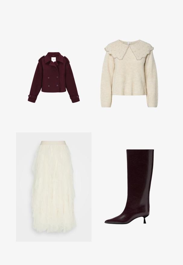 Burgundské dvouřadé sako vyrobené z měkké tkaniny s ramenními epauletami a velkými knoflíky. Krátký střih s dlouhými rukávy.; Krémový svetr s vlnitým límcem a stříbrnými korálky. Vyrobeno z texturované, jemné látky. Má dlouhé rukávy a volný střih.; Krémová tylová sukně s vrstvenými volány. Má hladký pas a texturovaný, průhledný povrch. Délka ke střednímu lýtku.; Dlouhý až po kolena burgundský kožený bot s elegantním texturovaným povrchem, špičatou špičkou a tenkým, vrstveným podpatkem pro zvýšenou výšku.