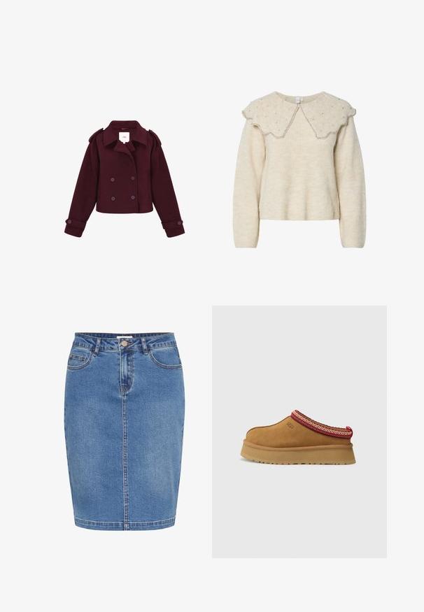 Burgundy kaksirivinen takki, joka on valmistettu pehmeästä kankaasta ja jossa on olkapäät ja suuret napit. Lyhennetty malli, jossa on pitkät hihat.; Kermainen neule, jossa on lietteellinen kaulus ja hopeakoristeita. Valmistettu teksturoidusta, pehmeästä kankaasta. Ominaisuuksina pitkät hihat ja rento leikkaus.; Farkkuhame vaaleansinisenä, tiukalla muotoilulla, etupainonappikiinnityksellä, viidellä taskulla ja vastakkaisella ompelulla saumoissa.; Ruskosuede-lenkkari, jossa on punavalkoinen kuvioitu reunus, teksturoidun pohjan ja UGG-logo sivussa. Sisältää kevyen korotuksen.