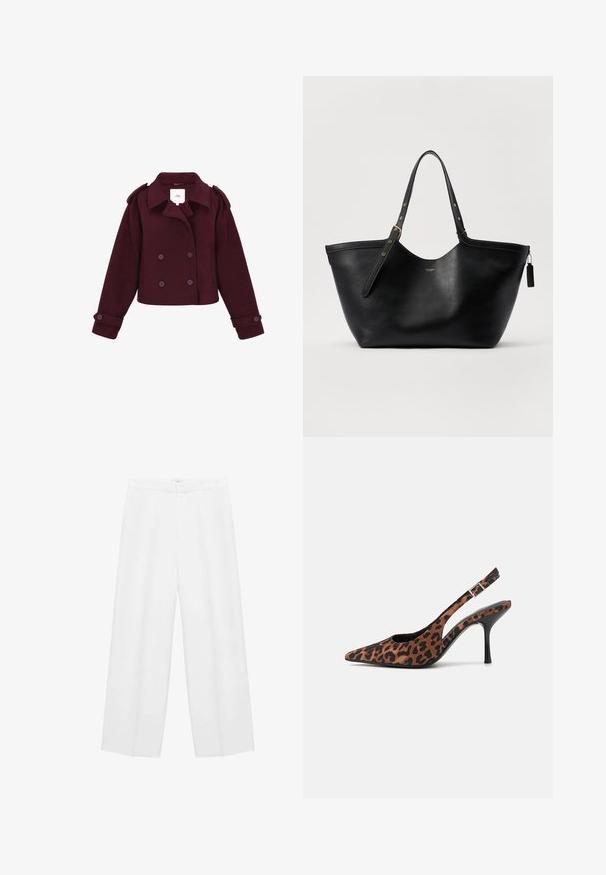 Burgundy double-breasted jacket made of soft fabric with shoulder epaulettes and large buttons. Cropped design with long sleeves.; Cream-colored sweater with a scalloped collar and silver bead accents. Made from textured, soft fabric. Features long sleeves and a relaxed fit.; Wide-leg white trousers with a smooth texture, featuring a high waistband and two side pockets. Simple design with no visible patterns.; Leopard-print slingback high heels with a pointed toe, black glossy heel, and adjustable ankle strap. Soft material with a textured finish.; Black leather tote bag with a structured shape, dual handles, and gold hardware accents. Features a smooth texture and a decorative tag.