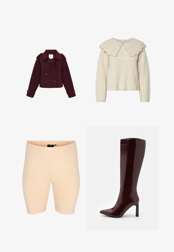 Burgundska dvoredna jakna izrađena od mekog materijala s epauletima na ramenima i velikim dugmadi. Skraćeni kroj s dugim rukavima.; Svijetlosmeđi pulover s oštrim ovratnikom i srebrnim perlicama. Izrađen od teksturirane, mekane tkanine. Ima duge rukave i ležeran kroj.; Bež kratke hlače s elastikom u struku; glatka tekstura i prilagođen dizajn. Nema vidljivih uzoraka ili metalnih detalja.; Even&Odd Čizme - dark red