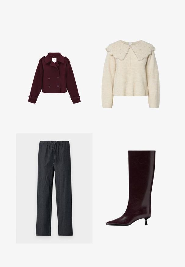 Burgundska dvoredna jakna izrađena od mekog materijala s epauletima na ramenima i velikim dugmadi. Skraćeni kroj s dugim rukavima.; Svijetlosmeđi pulover s oštrim ovratnikom i srebrnim perlicama. Izrađen od teksturirane, mekane tkanine. Ima duge rukave i ležeran kroj.; Tamne traper hlače s elastičnim pojasom i vezicama, s ravnim krojem nogavica i kontrastnim šavovima kao detaljima.; Čizmice od bordo kože do koljena s glatkom, teksturiranom završnom obradom, šiljastim nožnim dijelom i tankim, složenim potplatom za dodatnu visinu.